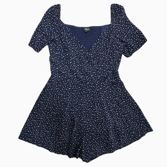 LIRA Navy White Grn Print Romper Women Small Cross Over Top Smocked Slinky Sexy - Picture 1 of 13